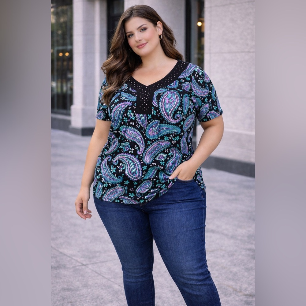 Paisley Rhinestone Neck Top 1X Teal Purple Black Plus Size Boho Blouse